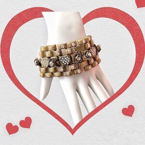 Vintage huge ox gold Banana Bob link bracelet ab crystal hearts flowers 2” wide
